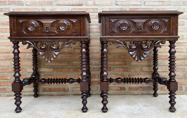 20th Century Solid Carved French Nightstands With Turned Columns & One Drawer, Set of 2-NOU-1295001