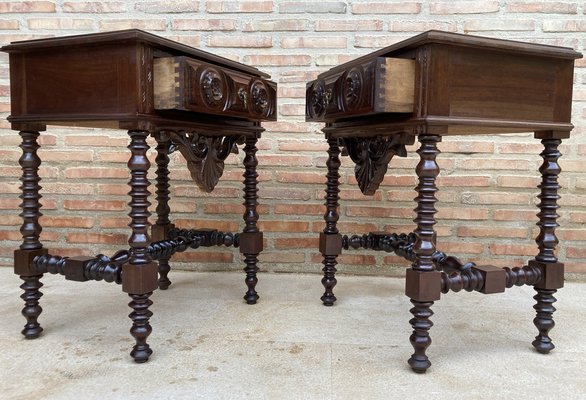 20th Century Solid Carved French Nightstands With Turned Columns & One Drawer, Set of 2-NOU-1295001