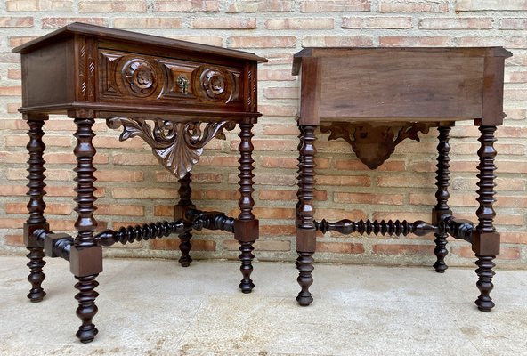 20th Century Solid Carved French Nightstands With Turned Columns & One Drawer, Set of 2-NOU-1295001