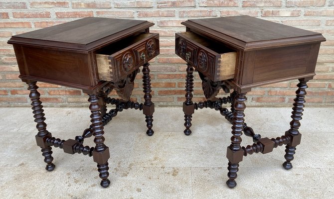 20th Century Solid Carved French Nightstands With Turned Columns & One Drawer, Set of 2-NOU-1295001