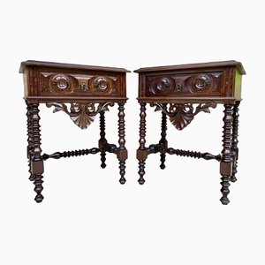 20th Century Solid Carved French Nightstands With Turned Columns & One Drawer, Set of 2-NOU-1295001