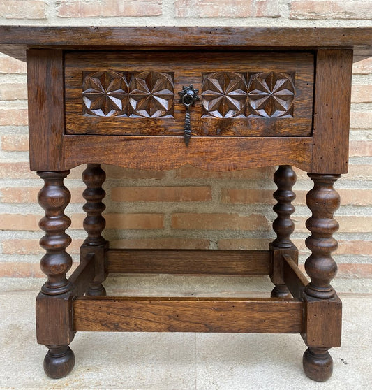 20th Century Spanish Nightstand Carved Drawer and Iron Hardware, 1890s