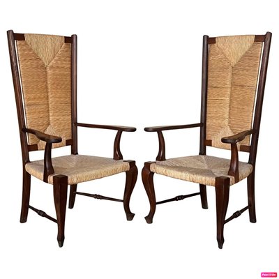 20th Century Spanish Walnut Armchairs with High Back and Seat Caned, 1940s, Set of 2-PSK-2017196