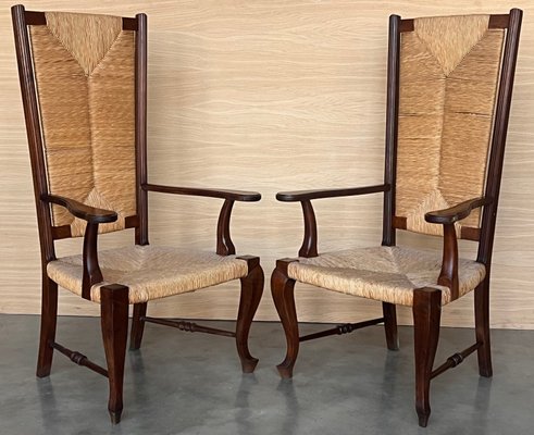 20th Century Spanish Walnut Armchairs with High Back and Seat Caned, 1940s, Set of 2-PSK-2017196