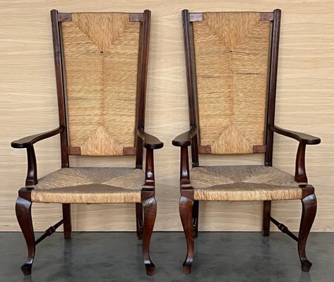 20th Century Spanish Walnut Armchairs with High Back and Seat Caned, 1940s, Set of 2-PSK-2017196