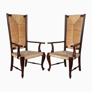 20th Century Spanish Walnut Armchairs with High Back and Seat Caned, 1940s, Set of 2-PSK-2017196