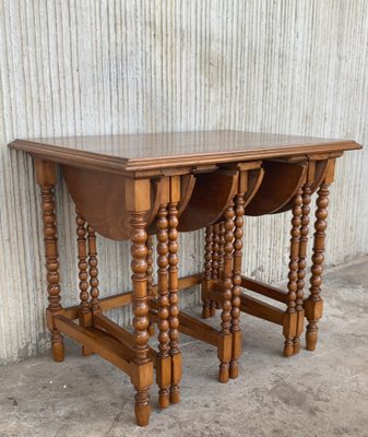 20th-Century Spanish Walnut Nesting and Folding Tables with Turned Legs, Set of 4-PSK-1002626