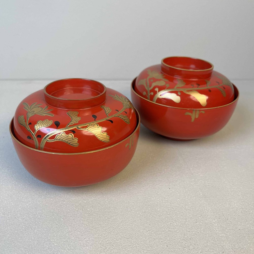 20th Century Taishō Urushi Maki-E Rice and Soup Bowls, Japan, Set of 2