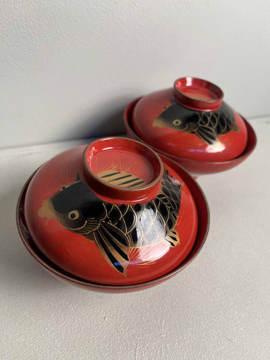 20th Century Taishō Urushi Maki-E Rice and Soup Bowls, Japan, Set of 2