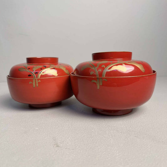 20th Century Taishō Urushi Maki-E Rice and Soup Bowls, Japan, Set of 2