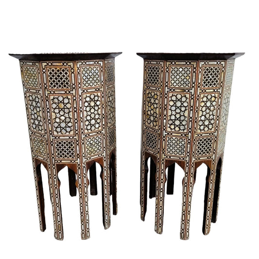 20th Century Tall Marquetry Pedestal Tables, Set of 2