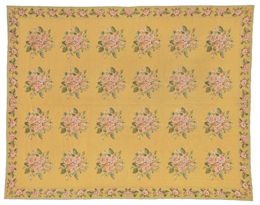 20th Century Yellow Arraiolos Rug with Pink and Green Flowers, Portugal, 1900s