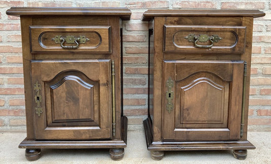 20th Spanish Nightstands with Drawer & Bronze Details, 1920, Set of 2