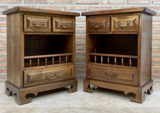 20th Spanish Nightstands with Three Drawers, One Shelf and Bronze Hardware, 1970s, Set of 2