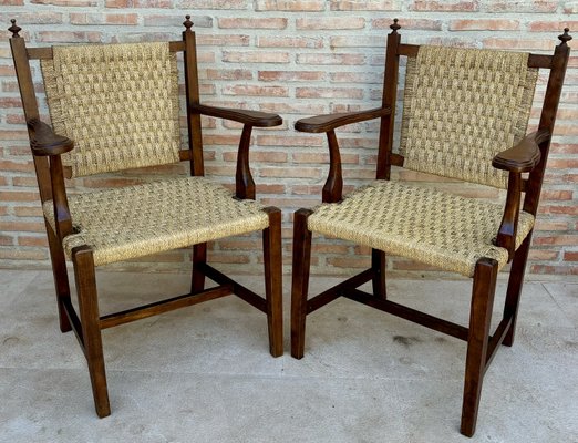 20th Spanish Walnut Armchairs with Backs and Caned Seats, 1940, Set of 2-NOU-2031604