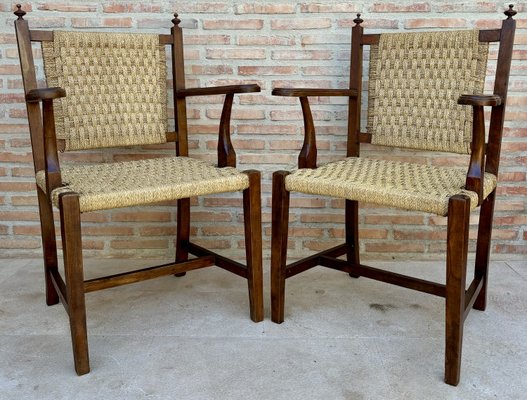 20th Spanish Walnut Armchairs with Backs and Caned Seats, 1940, Set of 2-NOU-2031604