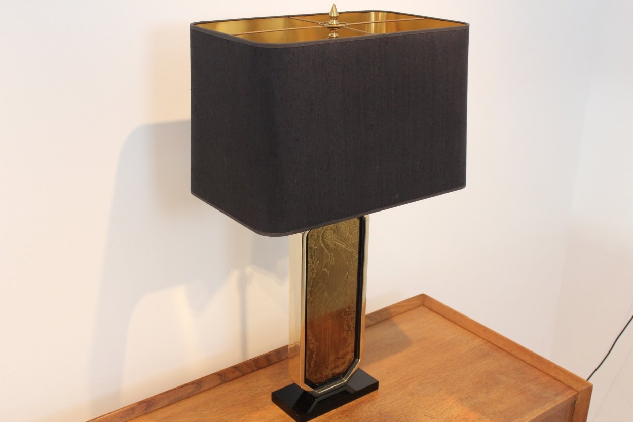 23 ct Goldplated Handmade Etched Table Lamp by Georges Mathias for M2000 Design, 1970s