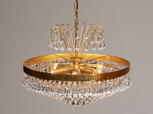 24-Carat Gold-Plated and Faceted Crystal Chandelier by Rejmyre, Sweden, 1960s-JE-987185