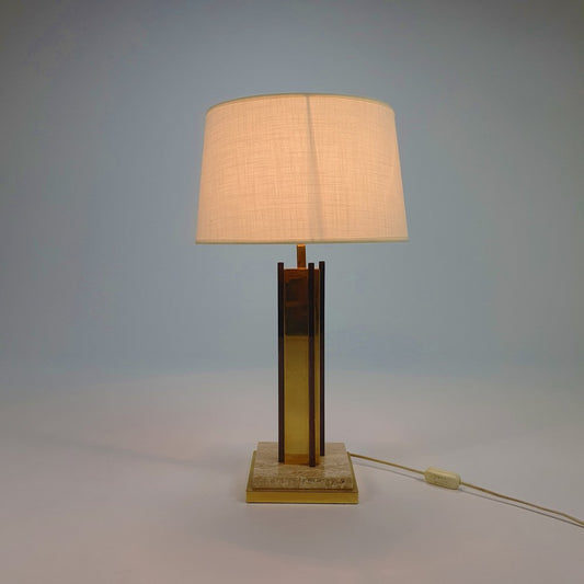 24KT Gold-Plated & Travertine Table Lamp, 1970s