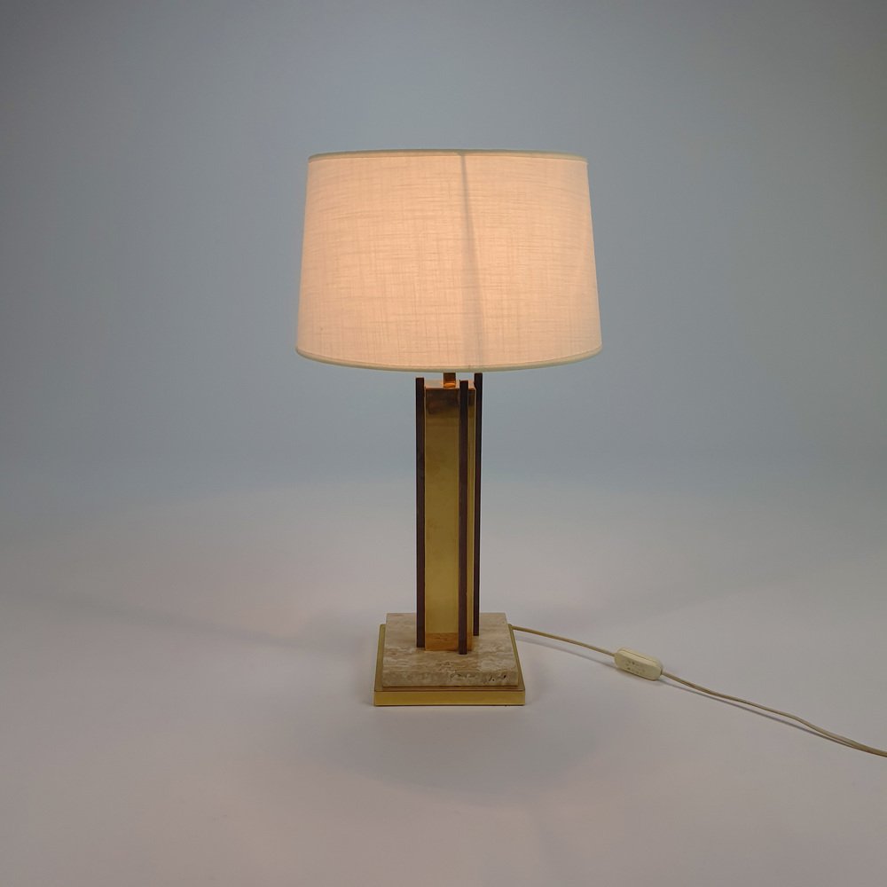 24KT Gold-Plated & Travertine Table Lamp, 1970s