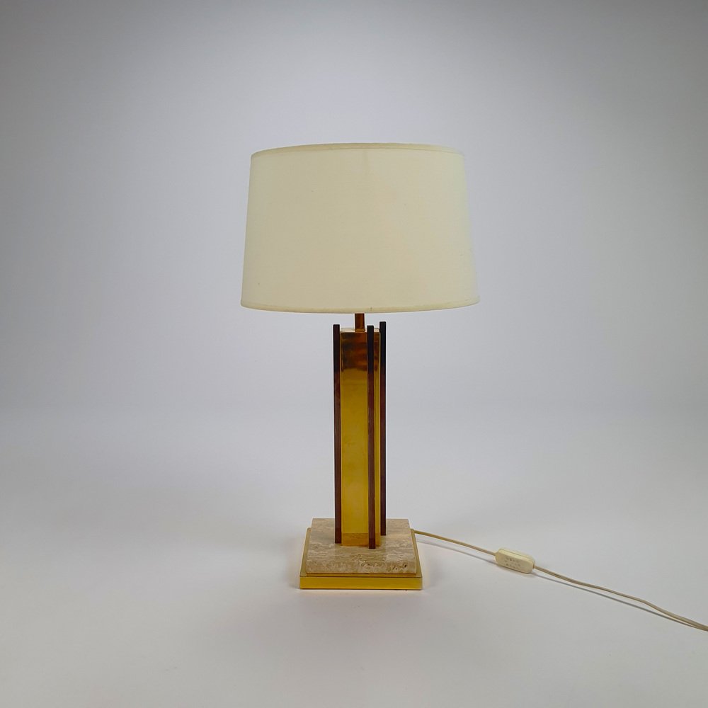 24KT Gold-Plated & Travertine Table Lamp, 1970s