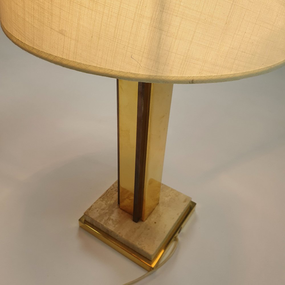 24KT Gold-Plated & Travertine Table Lamp, 1970s