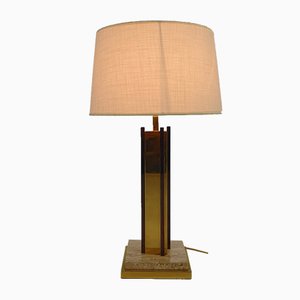 24KT Gold-Plated & Travertine Table Lamp, 1970s-RMX-986551