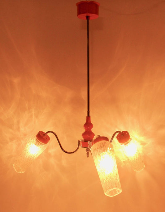 3-Arm Hanging Lamp in Tangerine, Chrome and Wood with Optical Shades, 1960s