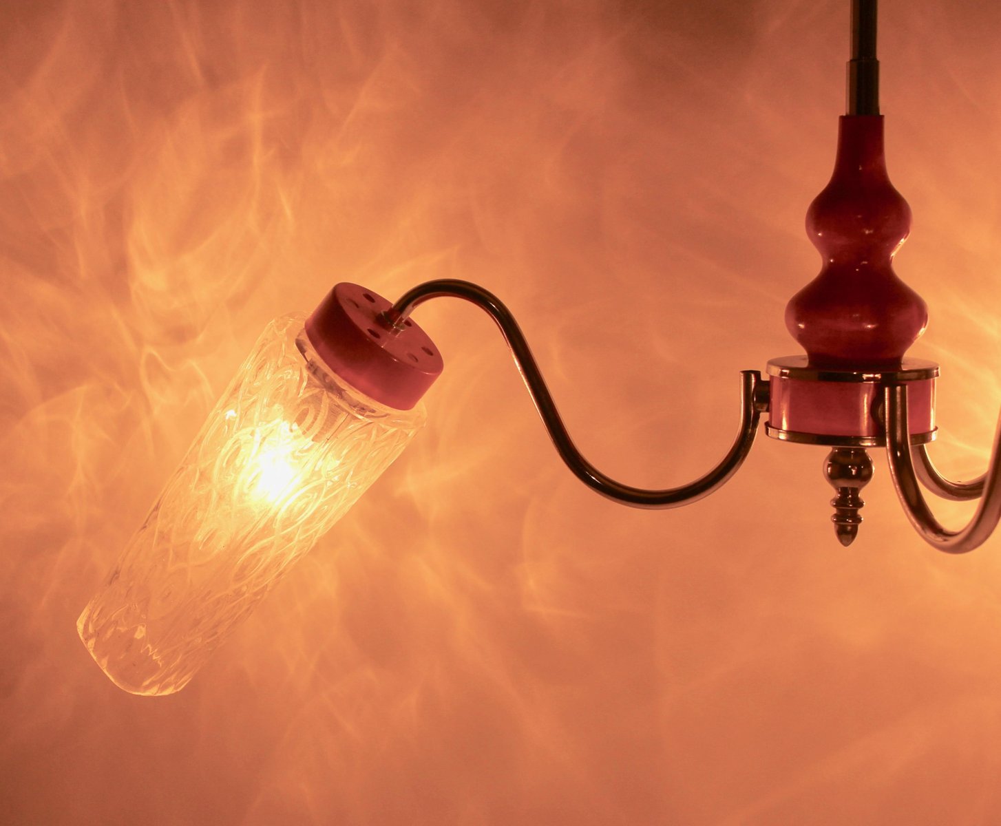 3-Arm Hanging Lamp in Tangerine, Chrome and Wood with Optical Shades, 1960s