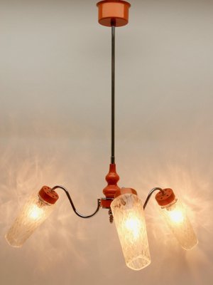 3-Arm Hanging Lamp in Tangerine, Chrome and Wood with Optical Shades, 1960s-MJY-1148961