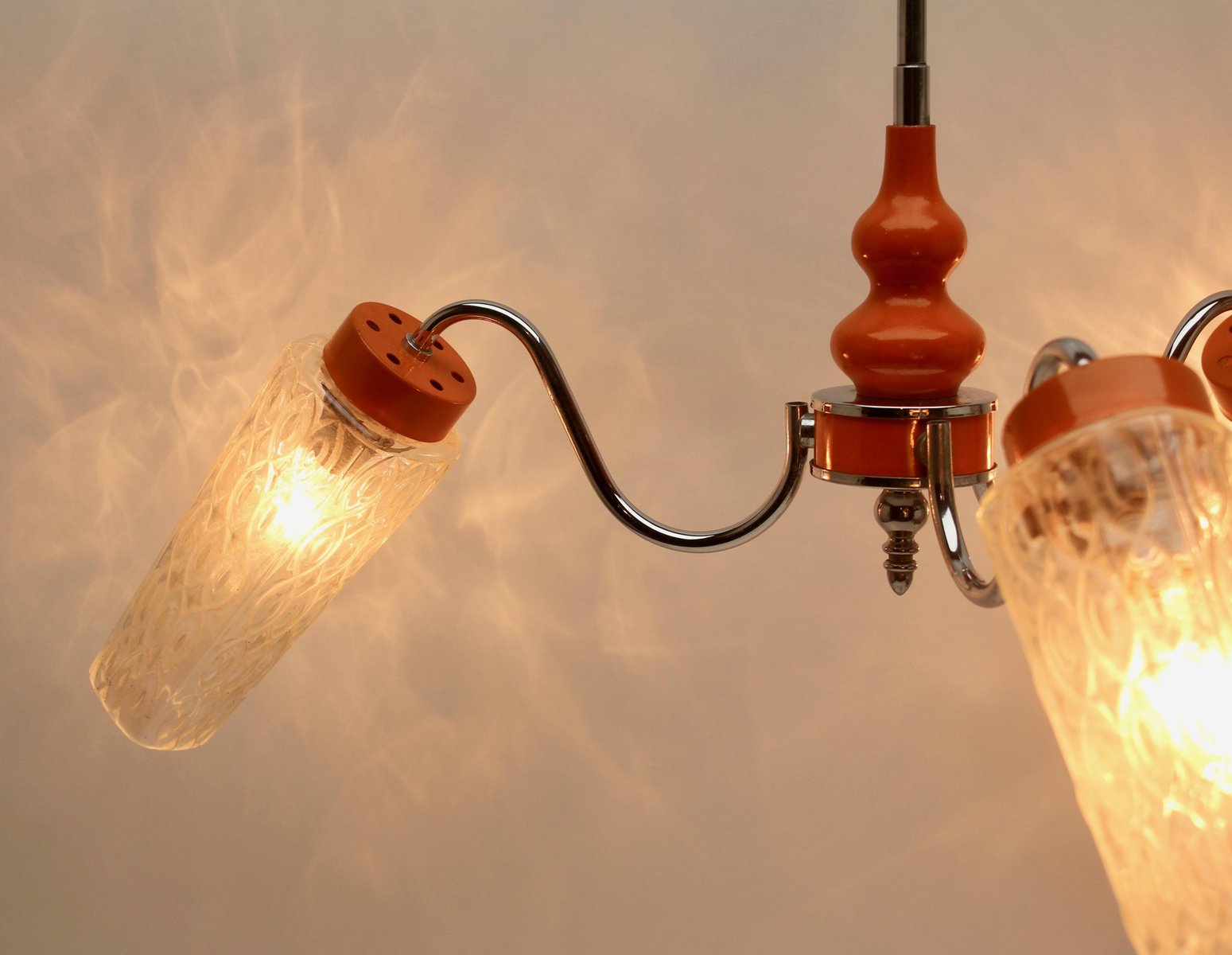 3-Arm Hanging Lamp in Tangerine, Chrome and Wood with Optical Shades, 1960s