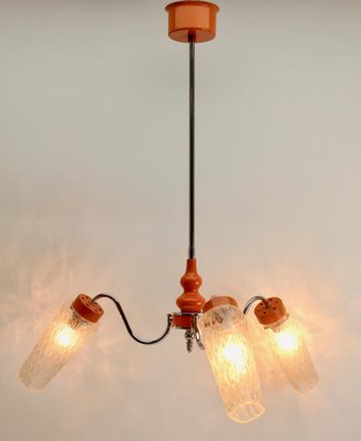 3-Arm Hanging Lamp in Tangerine, Chrome and Wood with Optical Shades, 1960s-MJY-1148961