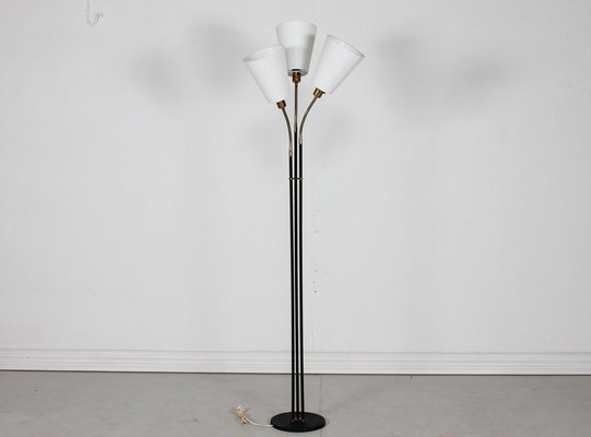 3-Armed Floor Lamp in Brass and Black Lacquered Metal in the Style of Josef Frank, 1950s-QQ-1763190