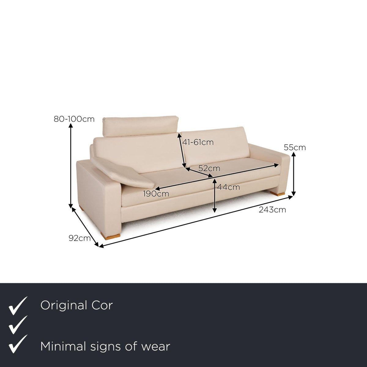 3-Seater Conseta Cream Leather Sofa from Cor