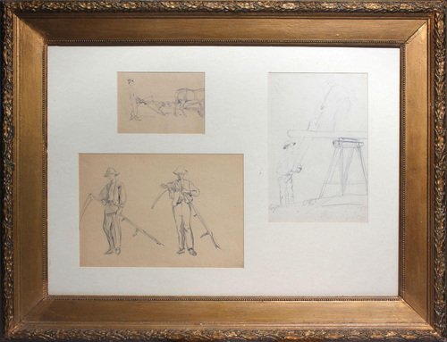 3 Sketches Triptych, Early 1900s, Watercolor & Pencil, Framed