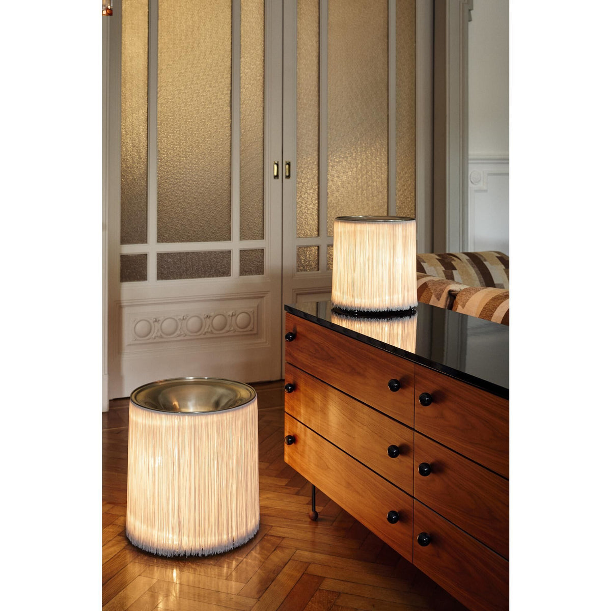 Model 597 Floor Lamp Polished Aluminum/Cream Fringe