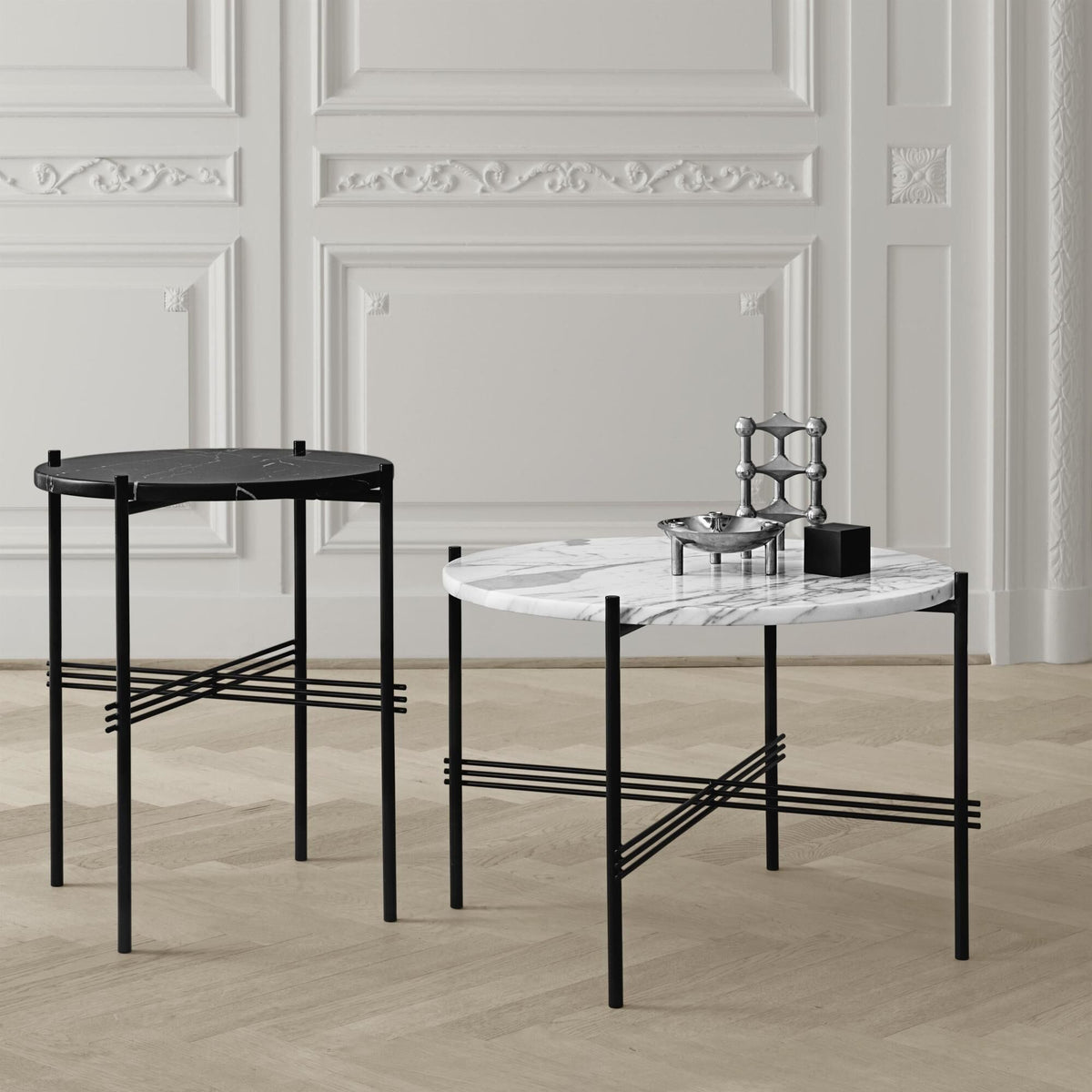TS Side Table Round Ø40 Polished Steel/White Carrara Marble