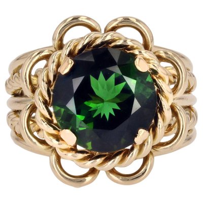 4.34 Carats Green Tourmaline 18 Karat Yellow Gold Ring, 1960s-OLU-1743320