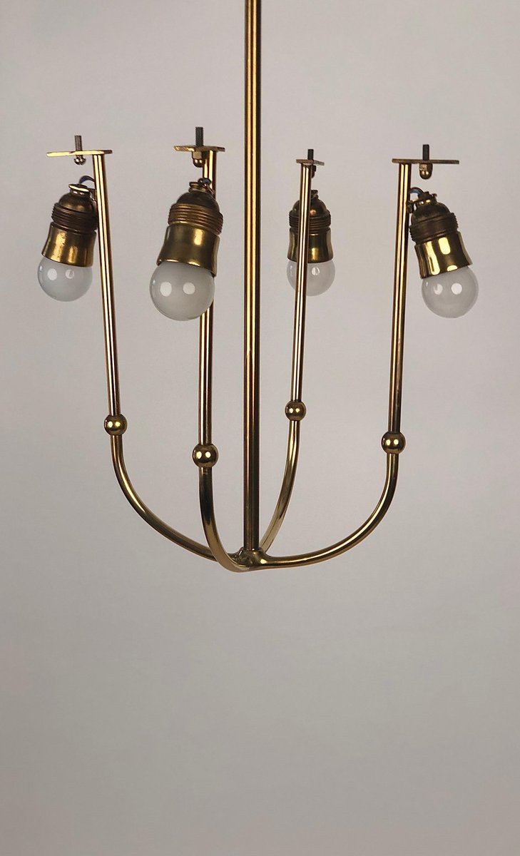 4-Arm Chandelier in Brass with Silk Shades, Austria, 1930s