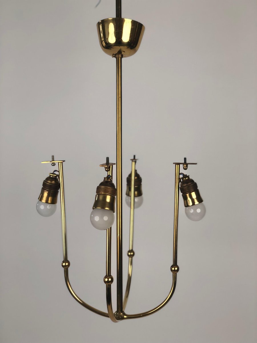 4-Arm Chandelier in Brass with Silk Shades, Austria, 1930s