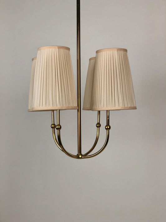 4-Arm Chandelier in Brass with Silk Shades, Austria, 1930s