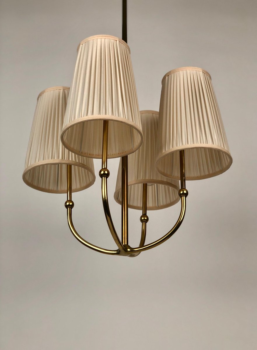 4-Arm Chandelier in Brass with Silk Shades, Austria, 1930s