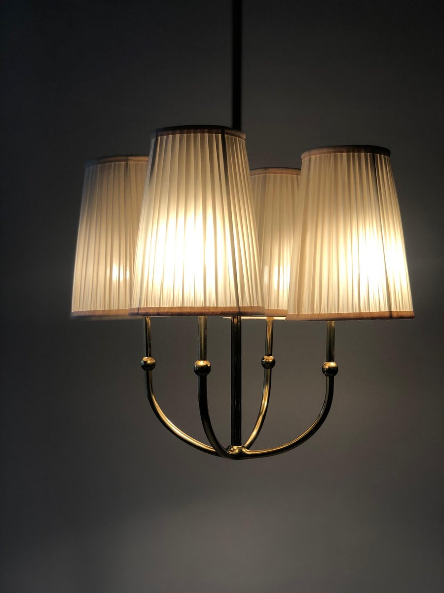 4-Arm Chandelier in Brass with Silk Shades, Austria, 1930s