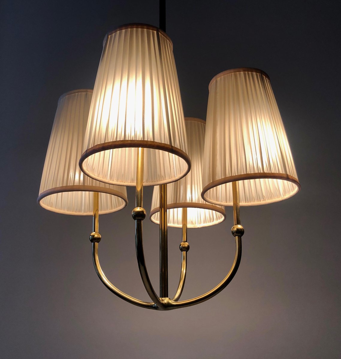 4-Arm Chandelier in Brass with Silk Shades, Austria, 1930s