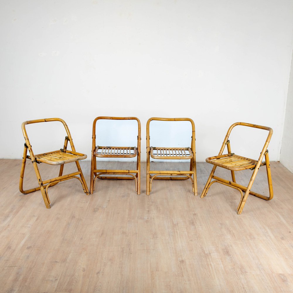 4 Folding Bamboo, Rattan and Brass Chairs, Italy, 1970s, Set of 4