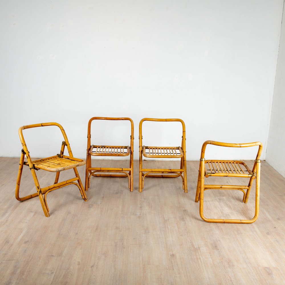 4 Folding Bamboo, Rattan and Brass Chairs, Italy, 1970s, Set of 4