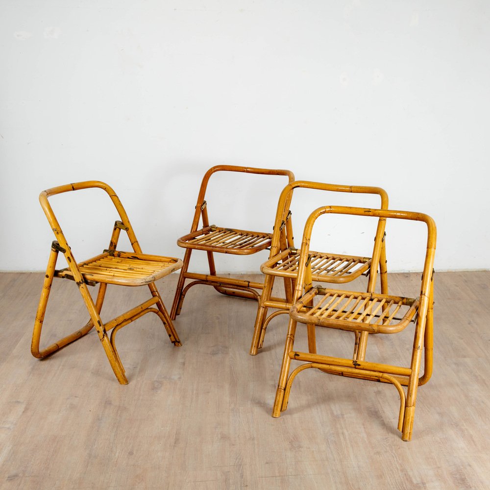 4 Folding Bamboo, Rattan and Brass Chairs, Italy, 1970s, Set of 4