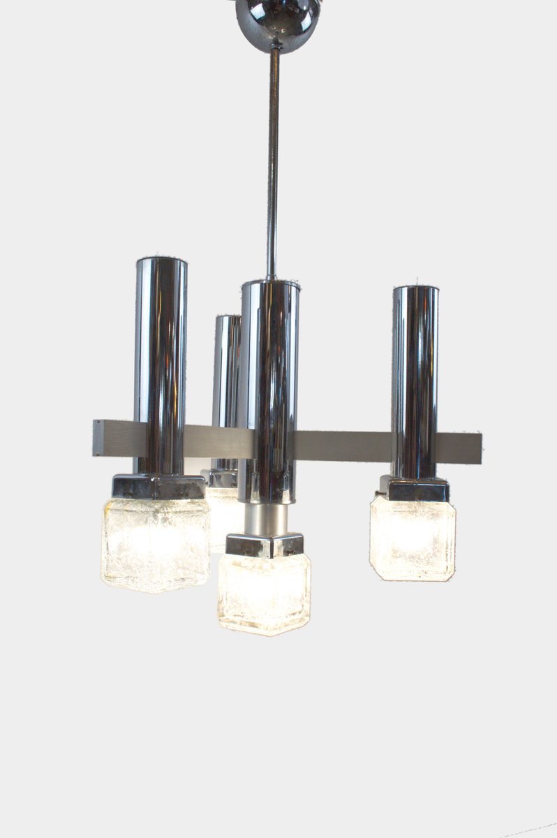 4-Light Chandelier with Pulegoso Glass Cubes in the Style of Sciolari, 1970s