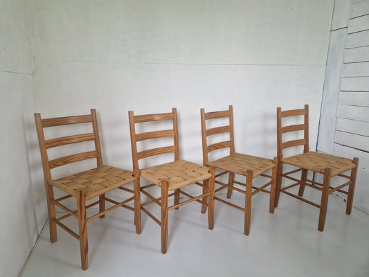 4 Scandinavian Pine Wood Paper Cord Chairs, 1960s, Set of 4