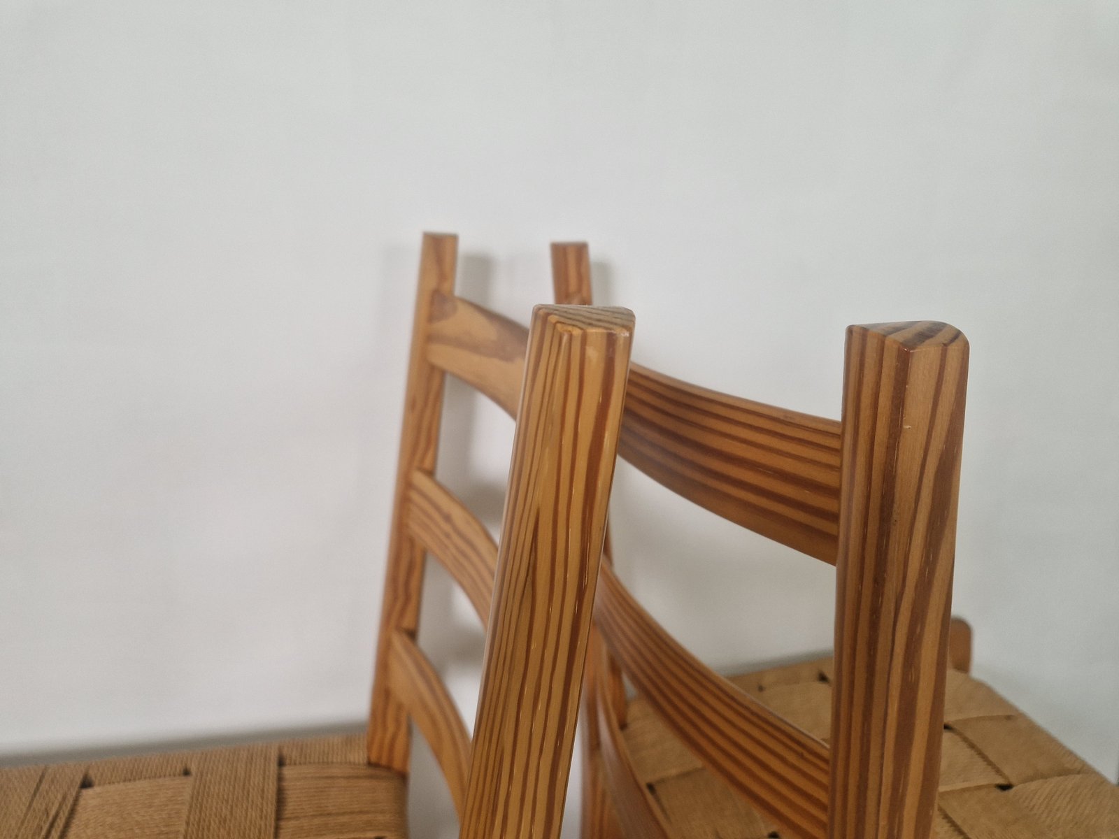 4 Scandinavian Pine Wood Paper Cord Chairs, 1960s, Set of 4